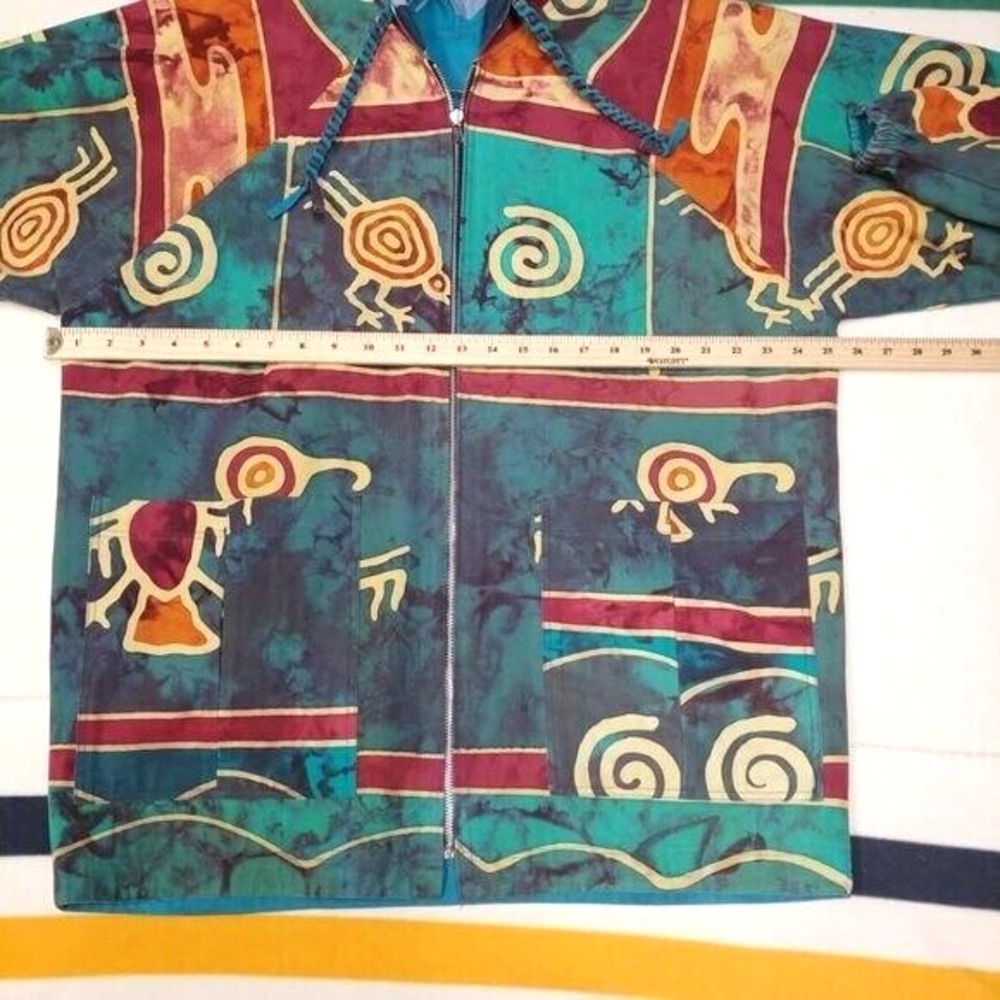Vintage Reversible Jacket Dolphin Tribal Aztec Hooded Teal‎ 80s 90s Mens XL - Picture 5 of 6